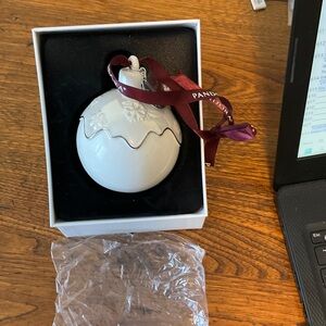 Pandora White Ceramic Ornament with Burgundy Ribbon